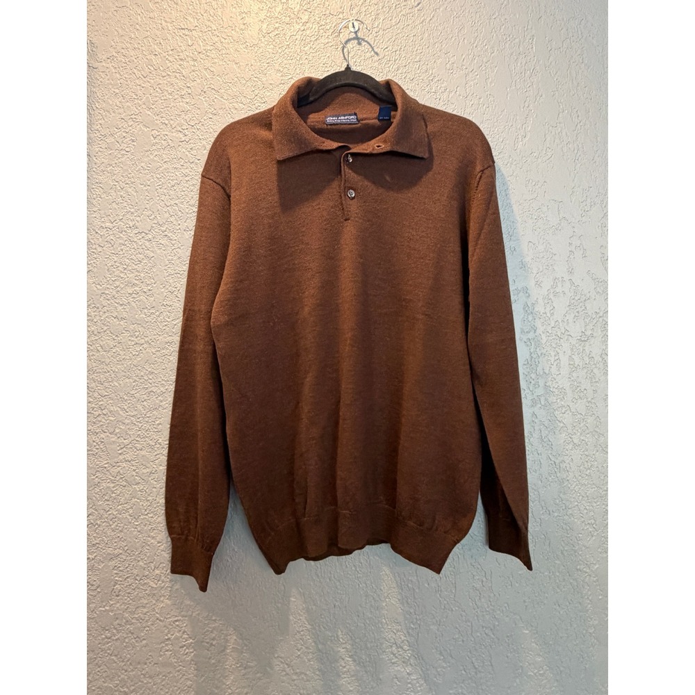 John Ashford Mens Brown 100% Extra Fine Merino Wool Long Sleeve Polo Sweater M